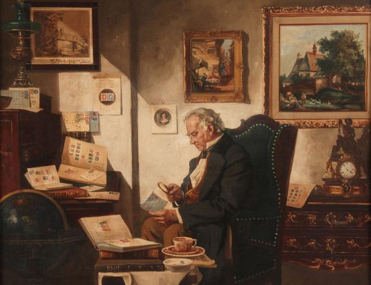 Framed oil on canvas painting, genre (interior) scene of man studying stamps with a magnifying glass, amongst opened stamp albums.